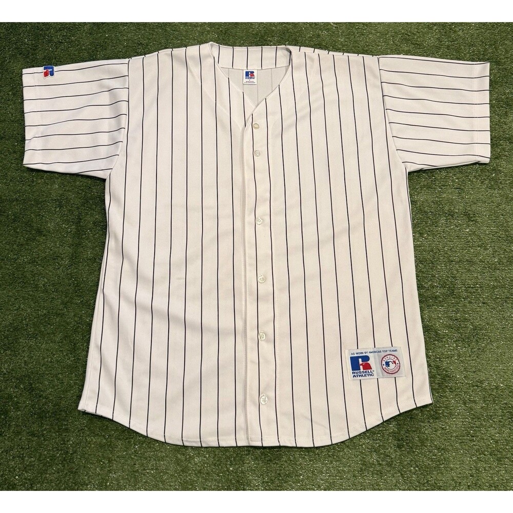 Vintage 90s Russell Athletic Blank Pinstripe Baseball Jersey USA Made Large NWOT